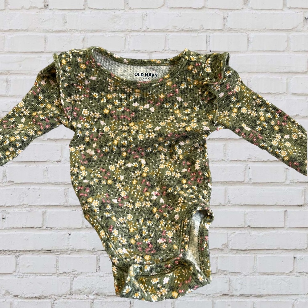 Green Floral Old Navy Long Sleeve Onesie, 6-12 Months